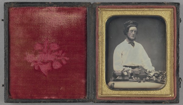 Man with Carpentry Tools; American; about 1848; Daguerreotype, hand-colored
