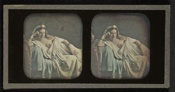 Female Nude in Harem Costume Reclining; Attributed to Bruno Braquehais, French, 1823 - 1875, 1856 - 1858; Stereograph