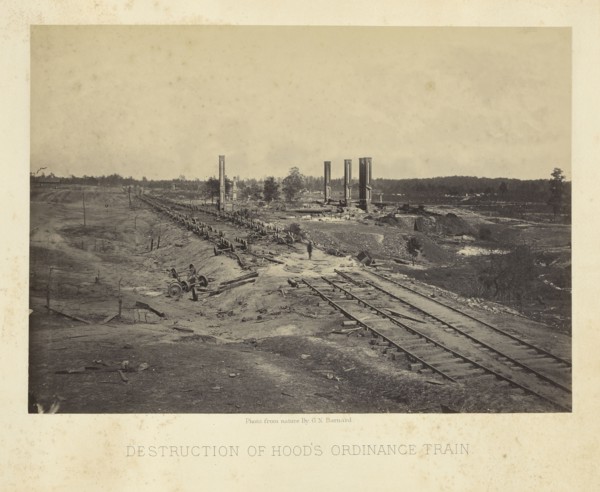Destruction of Hood's Ordinance Train; George N. Barnard, American, 1819 - 1902, Atlanta, Georgia, United States; 1864; Albumen