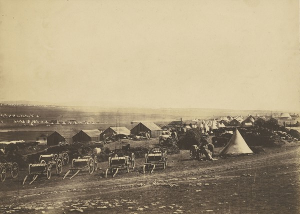 Artillery Wagons, Balaklava in the distance; Roger Fenton, English, 1819 - 1869, 1855; Salted paper print; 24.9 x 34.8 cm