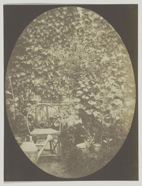 Chair and watering can in a garden; Hippolyte Bayard, French, 1801 - 1887, France; about 1843-1847; Salted paper print from a