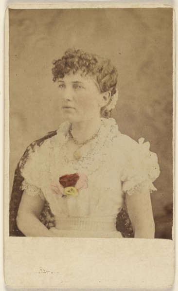 woman wearing flower embellished dress, seated; about 1865; Hand-colored albumen silver print