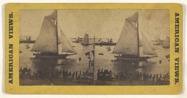 New York City Sailing ship in harbor, people on dock; American; about 1865 - 1875; Albumen silver print