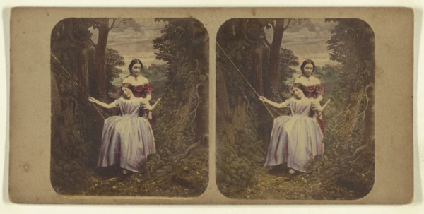 Woman pushing another woman in a swing; Attributed to London Stereoscopic Company, active 1854 - 1890, about 1865; Hand colored