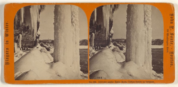 Icicles Under Table Rock, Clifton House in distance; John P. Soule, American, 1827 - 1904, about 1865; Albumen silver print