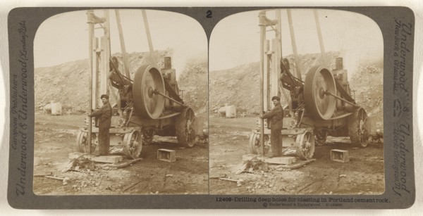 Driling deep holes for blasting in Portland cement rock; Underwood & Underwood, American, 1881 - 1940s, about 1902; Gelatin