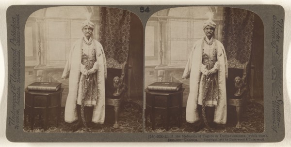H.H. the Maharaja of Tagore in Durbar costume, jeweles worth 00,000 - Calcutta; Underwood & Underwood, American, 1881 - 1940s