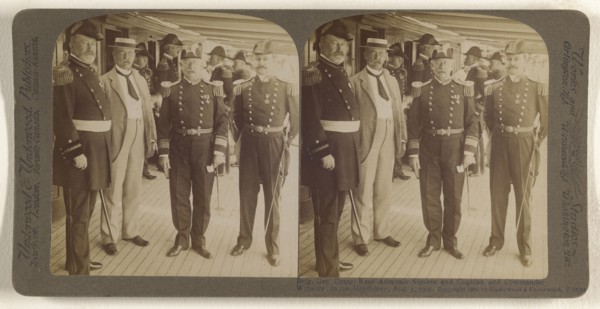 Brig. Gen Grant, Rear Admirals Sigsbee and Coghlan and Commander Winslow, on the Mayflower, Aug. 5, 1905; Underwood & Underwood