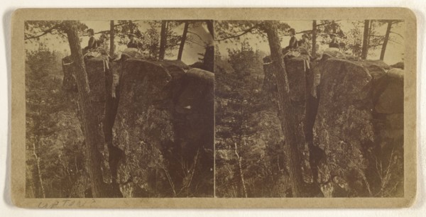 People sitting on large rocks in woods; Attributed to B. F. Upton, American, born 1818, active Minneapolis and St. Anthony