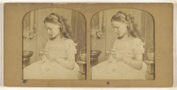 Little girl sewing; F. Grau, G.A.F., French, active 1850s - 1860s, 1855 - 1865; Hand-colored Albumen silver print