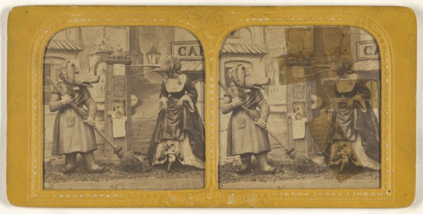 Scene from a play: woman dressed as a pig sweeping with another woman dressed as a bird; Adolphe Block, French, 1829