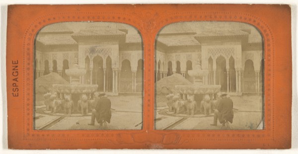 Man seated in front of fountain in the Court of Lions, The Alhambra, Spain; E. Lamy, French, active 1860s - 1870s, 1860s