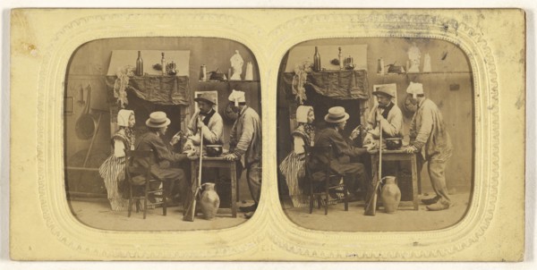 Genre scene: people in discussion around table, one woman with bonnet, gun leaning against table; E. Lamy, French, active 1860s