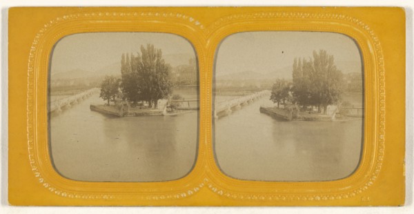 River scene with island, bridge to left, at Geneva; E. Lamy, French, active 1860s - 1870s, 1860s; Hand-colored Albumen silver