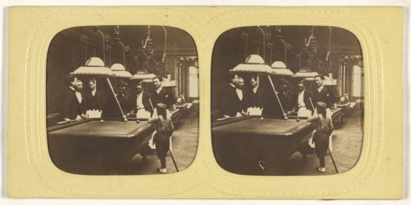 Men playing billards, one little boy holding a cue stick; E. Lamy, French, active 1860s - 1870s, about 1868; Hand-colored