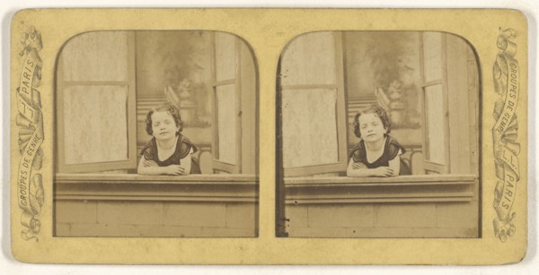 Little girl leaning out of an open window, arms crossed; Léon & Lévy, French, 1855 - 1865; Hand-colored Albumen silver print