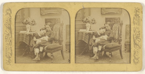Groupes de Genre little boy and girl cuddling on a chair; Léon & Lévy, French, 1855 - 1865; Hand-colored Albumen silver print