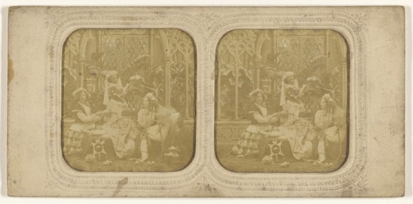 Parlor scene with three women; about 1860; Hand-colored Albumen silver print