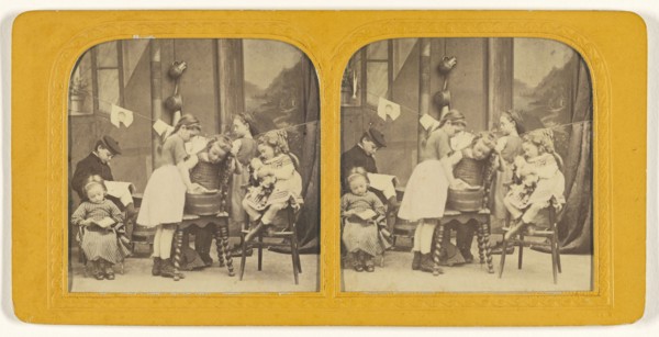 Children washing clothes; about 1860; Hand-colored Albumen silver print