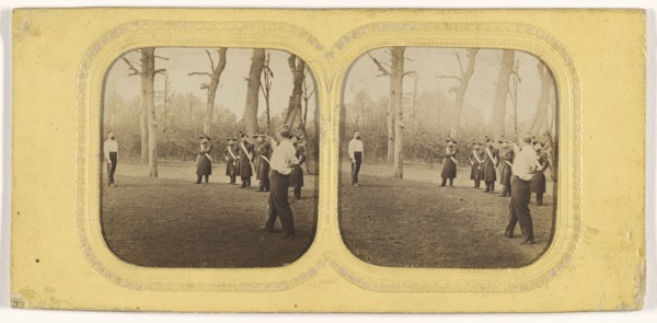 Un des adversaires tire; French; about 1860; Hand-colored Albumen silver print