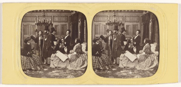 Parlor scene comprised of well-dressed people; about 1860; Hand-colored Albumen silver print