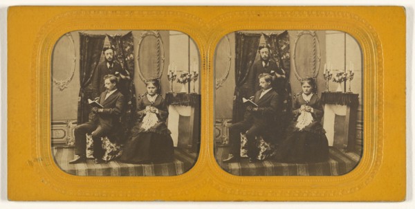 Parlor scene with two men and one woman; 1855 - 1860; Hand-colored Albumen silver print