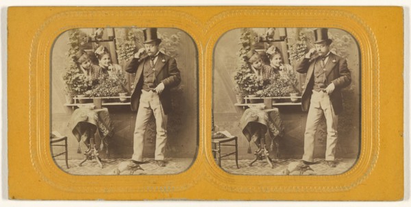 Well-dressed man in top hat twirling his moustache, two women gazing at him through an open window; 1855 - 1860; Hand-colored