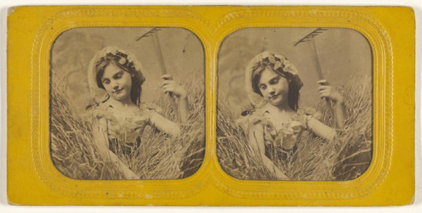 Little girl in field of hay holding a rake; 1855 - 1860; Hand-colored Albumen silver print