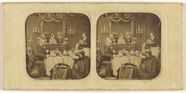 Elder man and woman at table eating, servant in background; 1855 - 1860; Hand-colored Albumen silver print