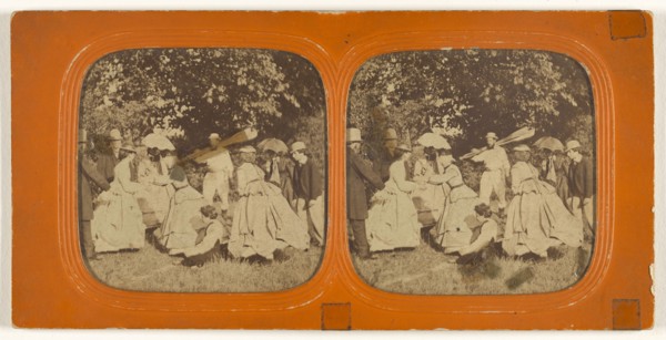 Group of well-dressed people outside, one man carrying oars; 1855 - 1860; Hand-colored Albumen silver print