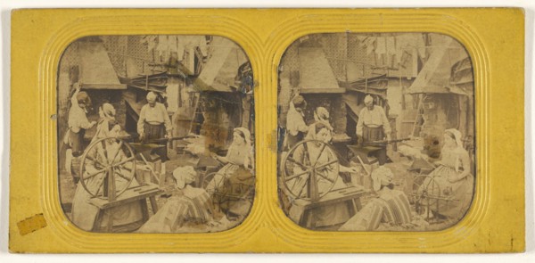Genre scene: women spinning; 1855 - 1860; Hand-colored Albumen silver print