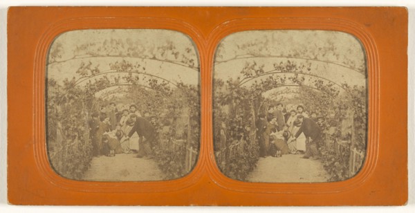 Group of people under a series of grape vines; 1855 - 1860; Hand-colored Albumen silver print