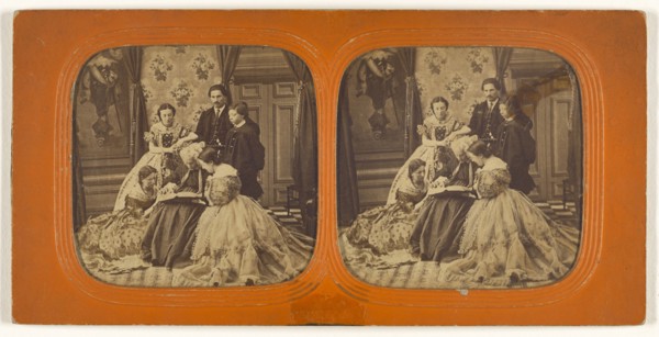 Family scene in parlor: elder woman reading to group; 1855 - 1860; Hand-colored Albumen silver print
