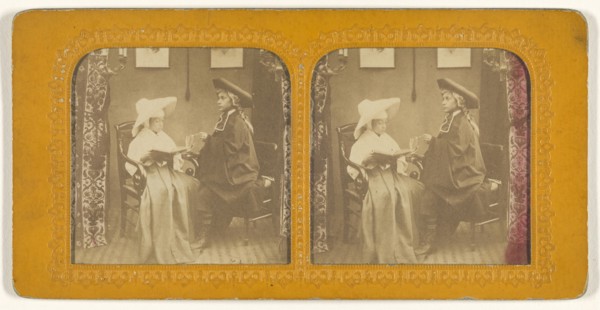 Young girl dressed as a nun with young boy wearing a cloak and three-corner hat; 1855 - 1860; Hand-colored Albumen silver print