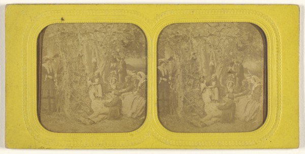 Group of people in a natural setting; 1855 - 1860; Hand-colored Albumen silver print