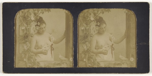 Woman in demure state, looking down, breasts exposed; French; 1855 - 1860; Hand-colored Albumen silver print