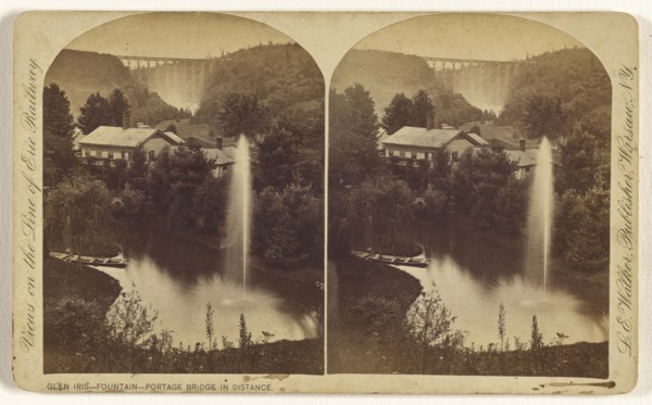 Glen Iris - Fountain - Portage Bridge in Distance; L. E. Walker, American, 1826 - 1916, active Warsaw, New York, about 1870