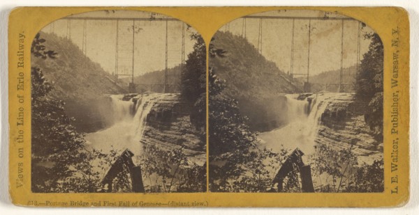Portage Bridge and First Fall of Genesee -, distant view., L. E. Walker, American, 1826 - 1916, active Warsaw, New York)