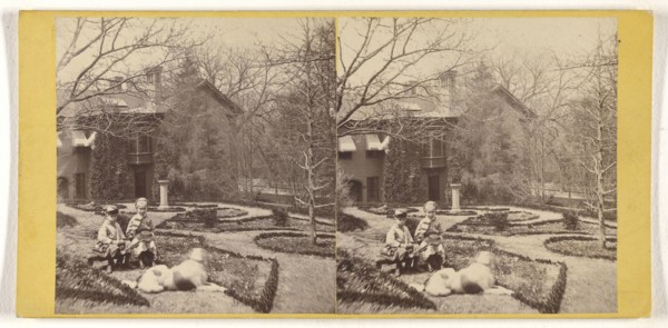Children and dog posed on lawn, possibly at Watham, Mass; Henry F. Warren, American, active 1860s - 1870s, about 1870; Albumen