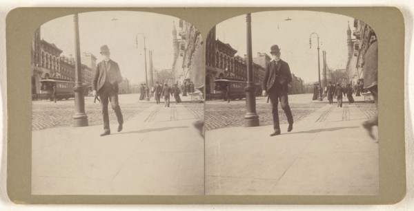 Elder white-bearded man with derby walking on Albany, N.Y. street; Julius M. Wendt, American, active 1900s - 1910s, 1900s