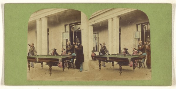 Men playing pool; about 1860; Hand-colored Albumen silver print