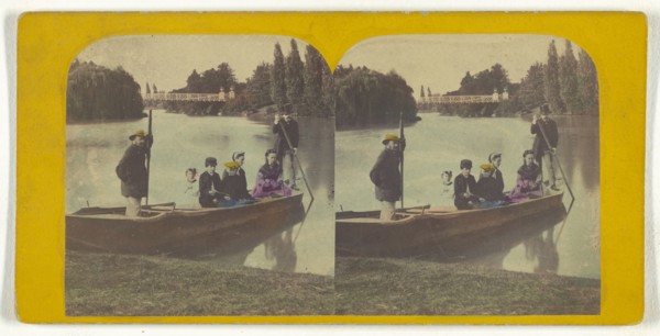 Family in rowboat on river, two rowers with them; about 1855 - 1860; Hand-colored Albumen silver print