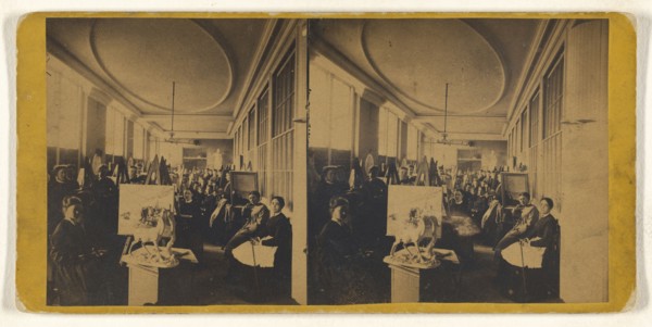 Art students posed at their easels; 1870s; Albumen silver print