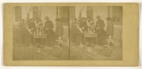 Men around a table outside, decanters on top; about 1865; Albumen silver print