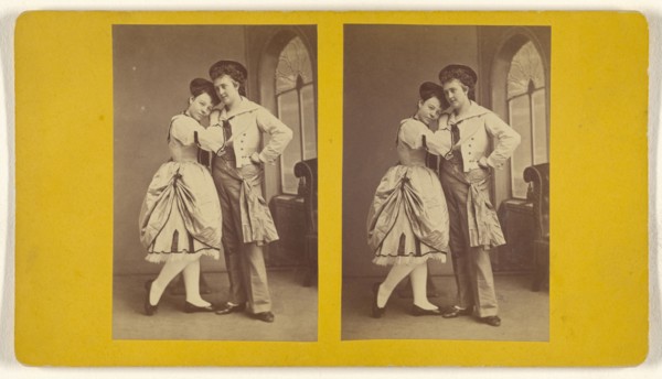 Man and woman in costume, semi-embraced; about 1860; Albumen silver print