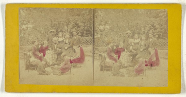 Family portrait taken in garden; about 1865; Hand-colored Albumen silver print