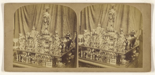 Display of vases and glasses which won a Prize Medal; about 1865; Albumen silver print
