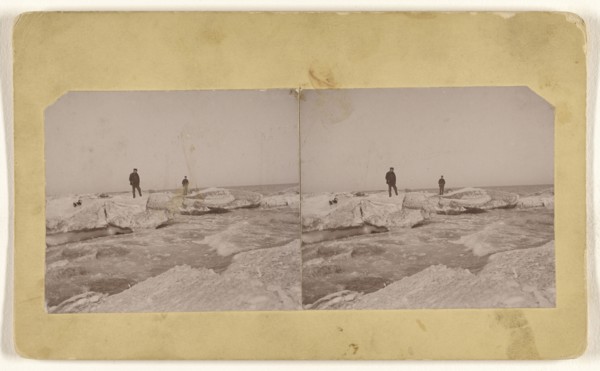 Men standing on blocks of ice, probably at Oostburg, Wisconsin; John Zierer, American, active Wisconsin 1920s, about 1920