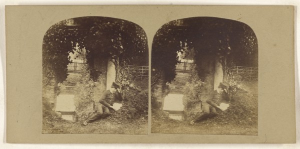 Boy on ground reading a letter or book; British; about 1860; Albumen silver print