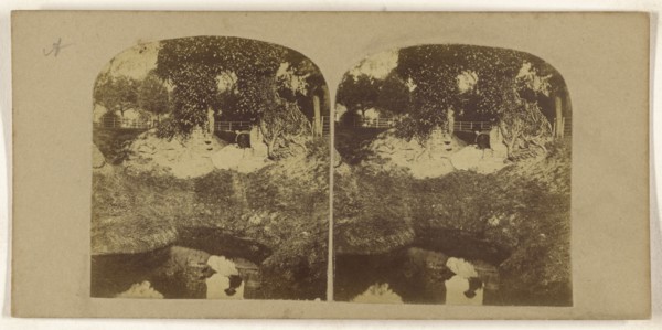 Woman seated on ground overlooking a brook, her reflection seen in the brook; British; about 1860; Albumen silver print